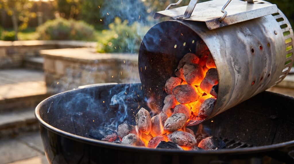 Iniciador de chimenea volcando brasas de carbón al rojo vivo dentro de una barbacoa de carbón
