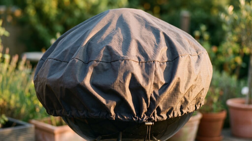 Funda protectora impermeable cubriendo una barbacoa de carbón cerrada en una terraza
