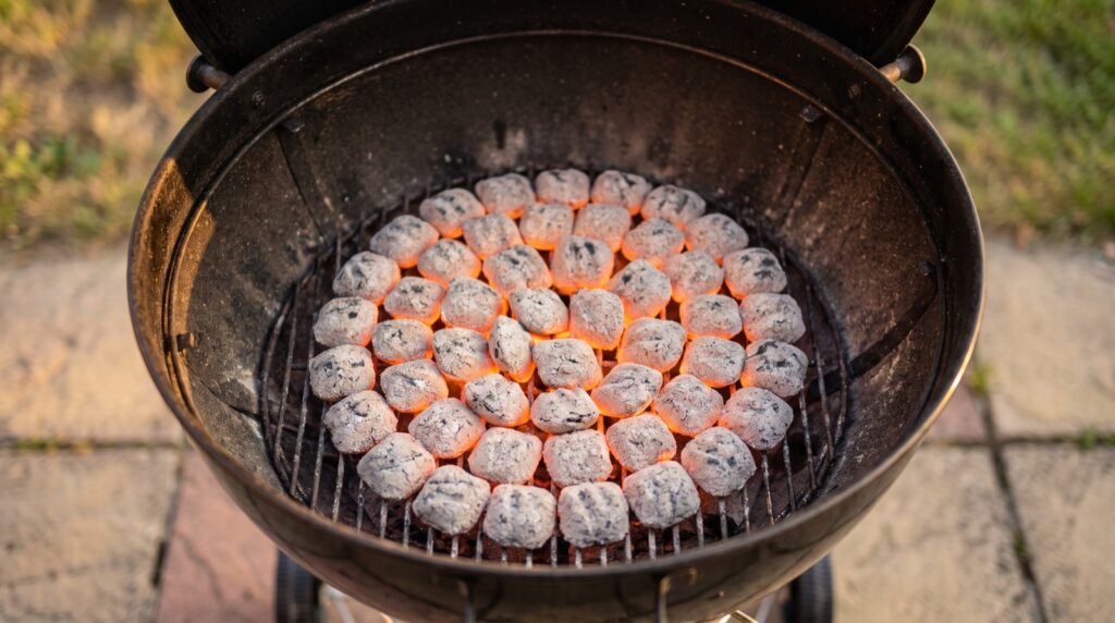 Vista cenital de una barbacoa de carbón con una capa única y uniforme de briquetas encendidas cubriendo toda la parrilla
