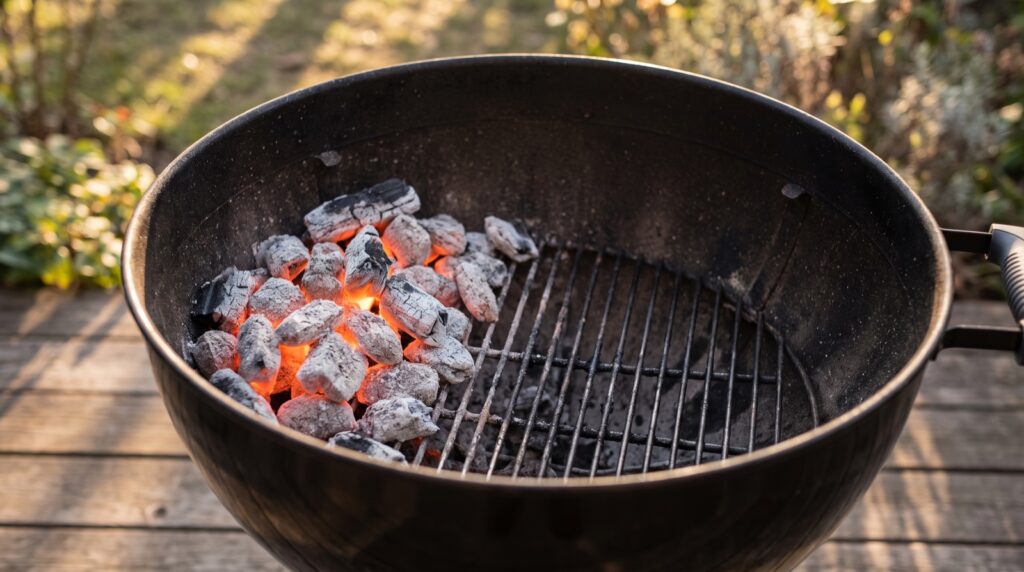 Barbacoa de carbón con las brasas amontonadas en un lado de la parrilla y el otro lado vacío: el montaje de dos zonas de calor
