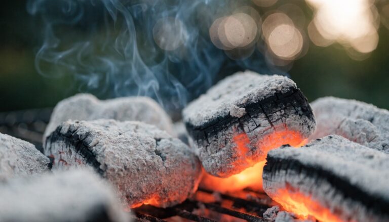 Brasas de carbón cubiertas de ceniza gris, listas para cocinar en una barbacoa