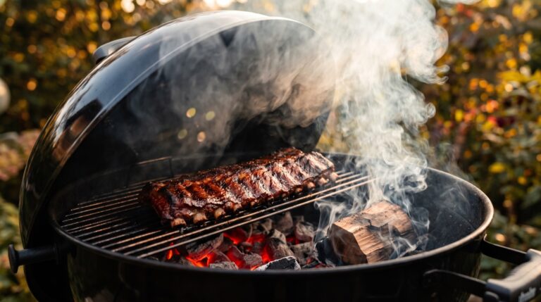 Costillas ahumándose en una barbacoa de carbón con la tapa abierta y humo saliendo