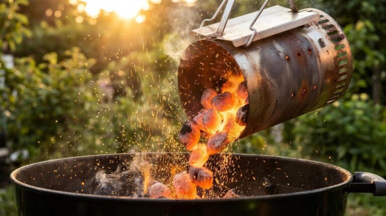 Chimenea de encendido volcando brasas de carbón al rojo en una barbacoa de jardín