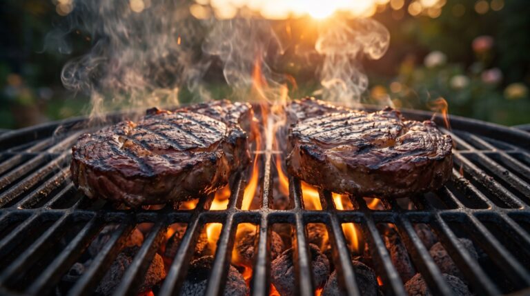 Dos chuletones asándose a la parrilla sobre las brasas de una barbacoa de carbón al atardecer