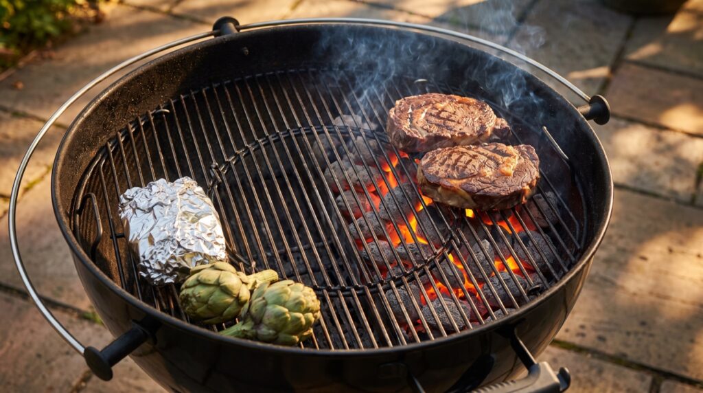 Barbacoa de carbón con las brasas amontonadas a un lado (calor directo) y el otro lado libre (calor indirecto)