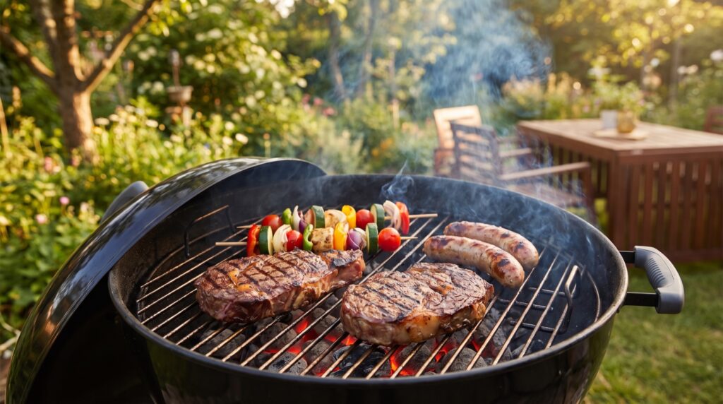 Barbacoa de carbón kettle con la parrilla llena de comida y las brasas al rojo