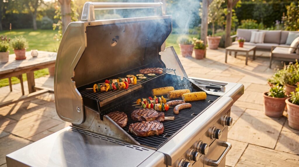 Barbacoa de gas de acero inoxidable cocinando carne y verduras con la tapa abierta en una terraza
