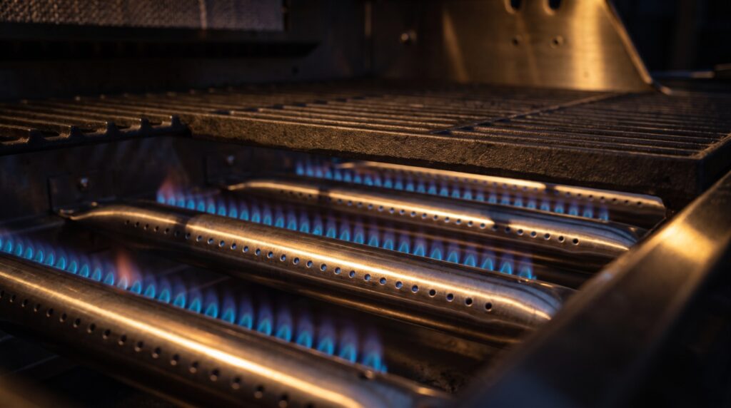 Quemadores de acero inoxidable de una barbacoa de gas con la llama azul encendida