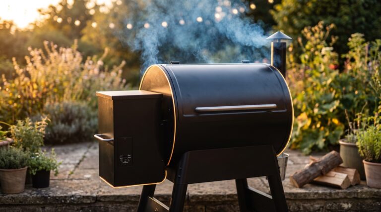 Barbacoa de pellets negra con su depósito lateral (tolva), humeando en una terraza al atardecer