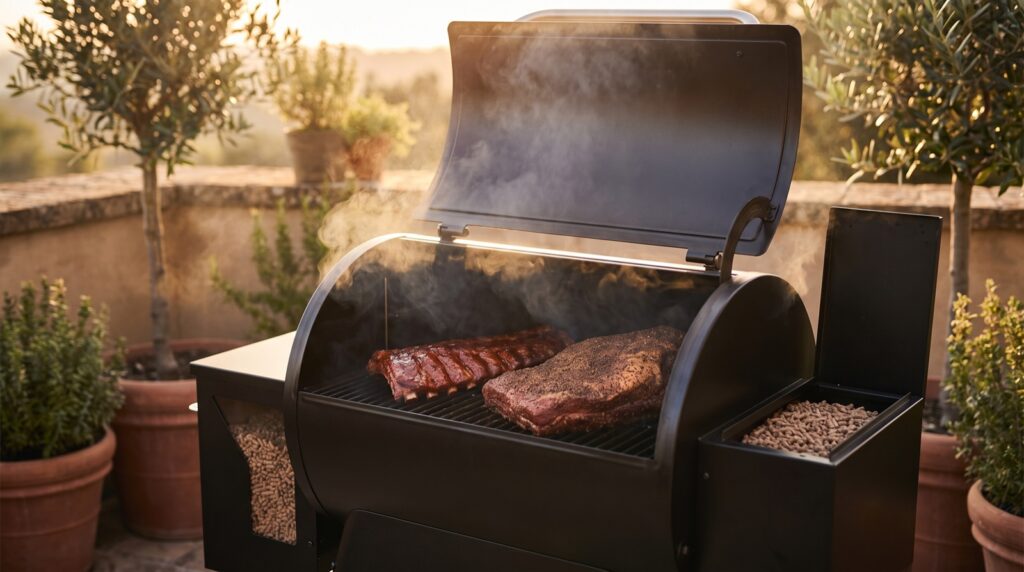 Barbacoa de pellets ahumando costillas y carne con la tapa abierta en una terraza