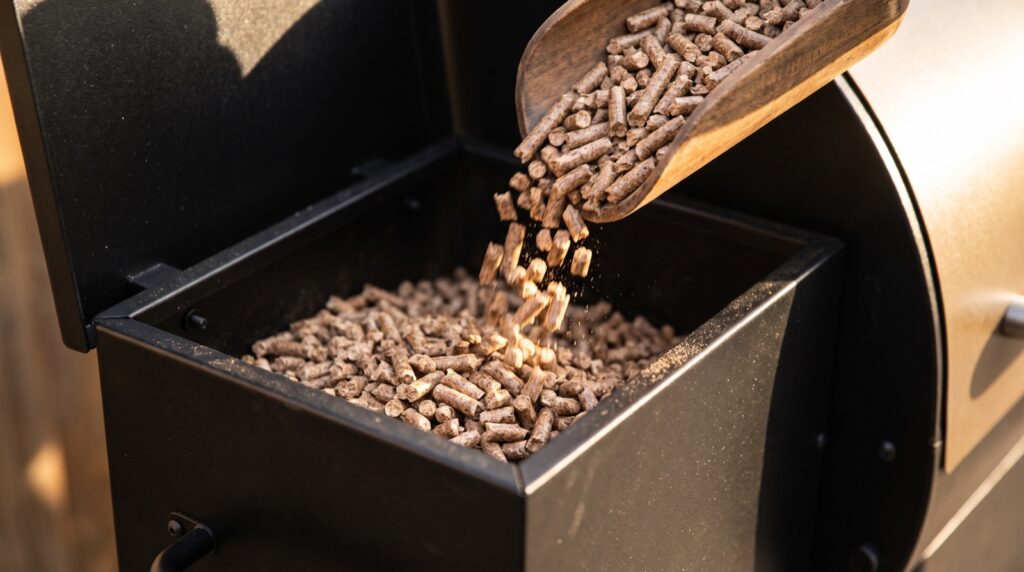 Pellets de madera cayendo en el depósito (tolva) lateral de una barbacoa de pellets