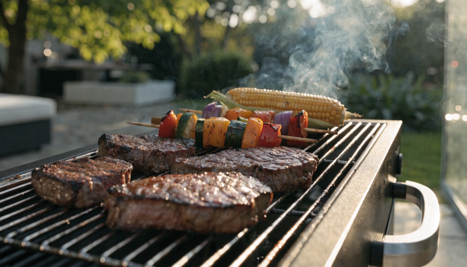 Carne y verduras a la parrilla en una barbacoa al atardecer