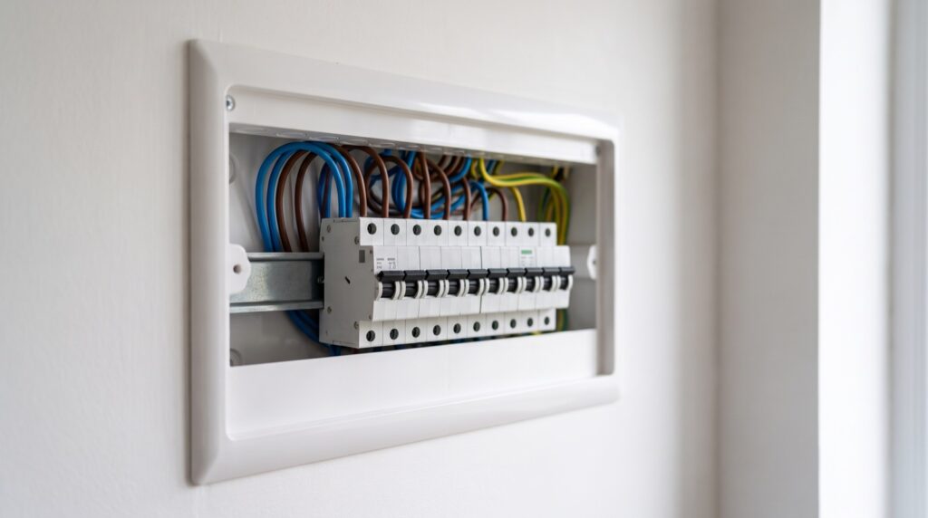 Cuadro eléctrico de una vivienda abierto, con la fila de interruptores automáticos montados en el carril y el cableado a la vista
