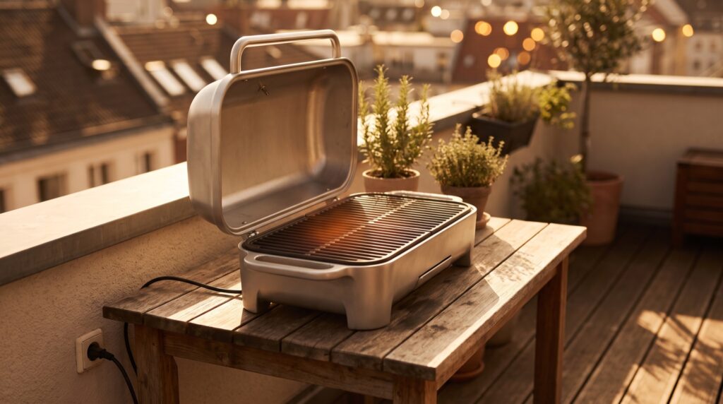 Barbacoa eléctrica compacta con la tapa abierta sobre una mesa de madera en la terraza de un piso al atardecer, con el cable conectado a un enchufe de la pared
