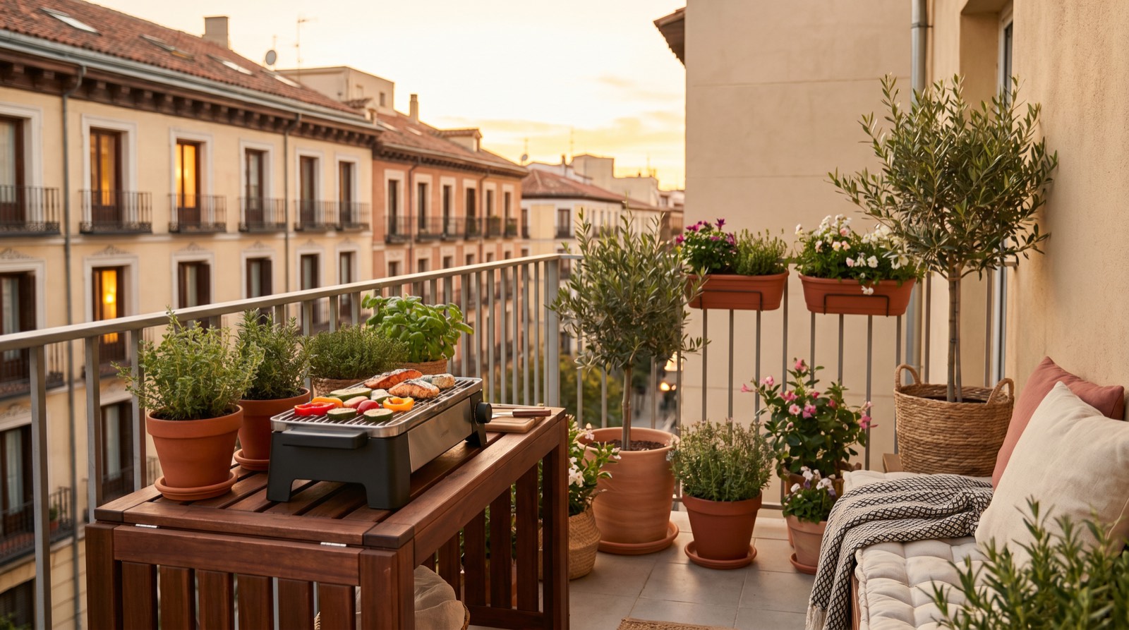 Barbacoa compacta en el balcón de un piso al atardecer