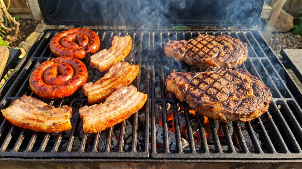 Parrilla de barbacoa con chorizo y panceta a un lado y dos chuletones marcándose al otro