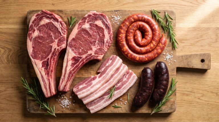 Tabla de madera con carne cruda variada para una barbacoa vista desde arriba: dos chuletones con hueso, chorizo, panceta y morcilla