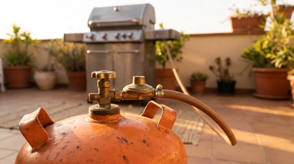 Regulador de gas con manguera conectado a una bombona de butano naranja junto a una barbacoa

