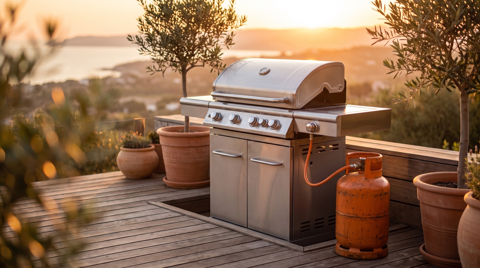 Barbacoa de gas con una bombona de butano naranja conectada en una terraza