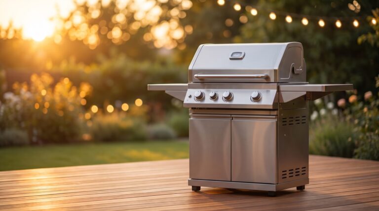 Barbacoa de gas de acero inoxidable en una terraza al atardecer