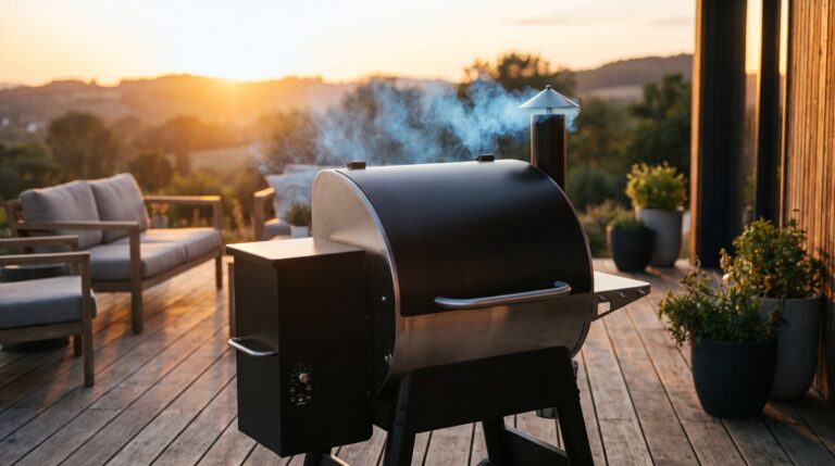 Barbacoa de pellets encendida con humo fino azul en una terraza al atardecer