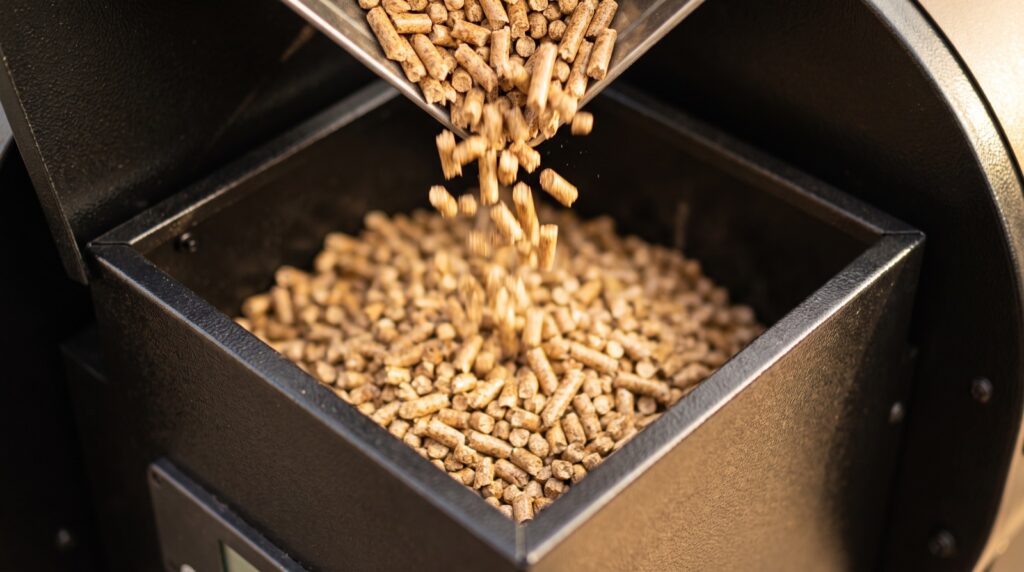 Pellets de madera cayendo desde la tolva de una barbacoa de pellets