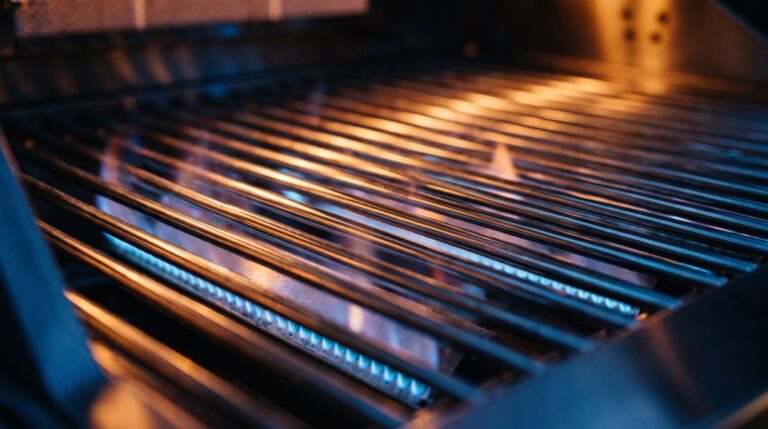 Barbacoa de gas de acero inoxidable con las parrillas limpias y llama azul