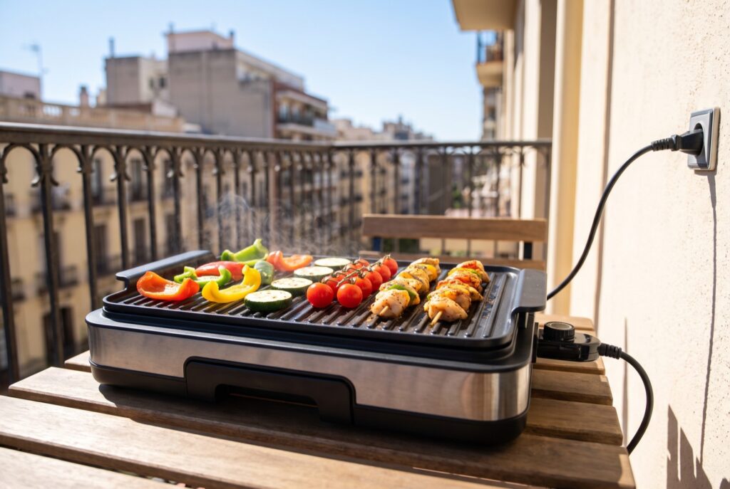 Barbacoa eléctrica cocinando en la terraza de un piso