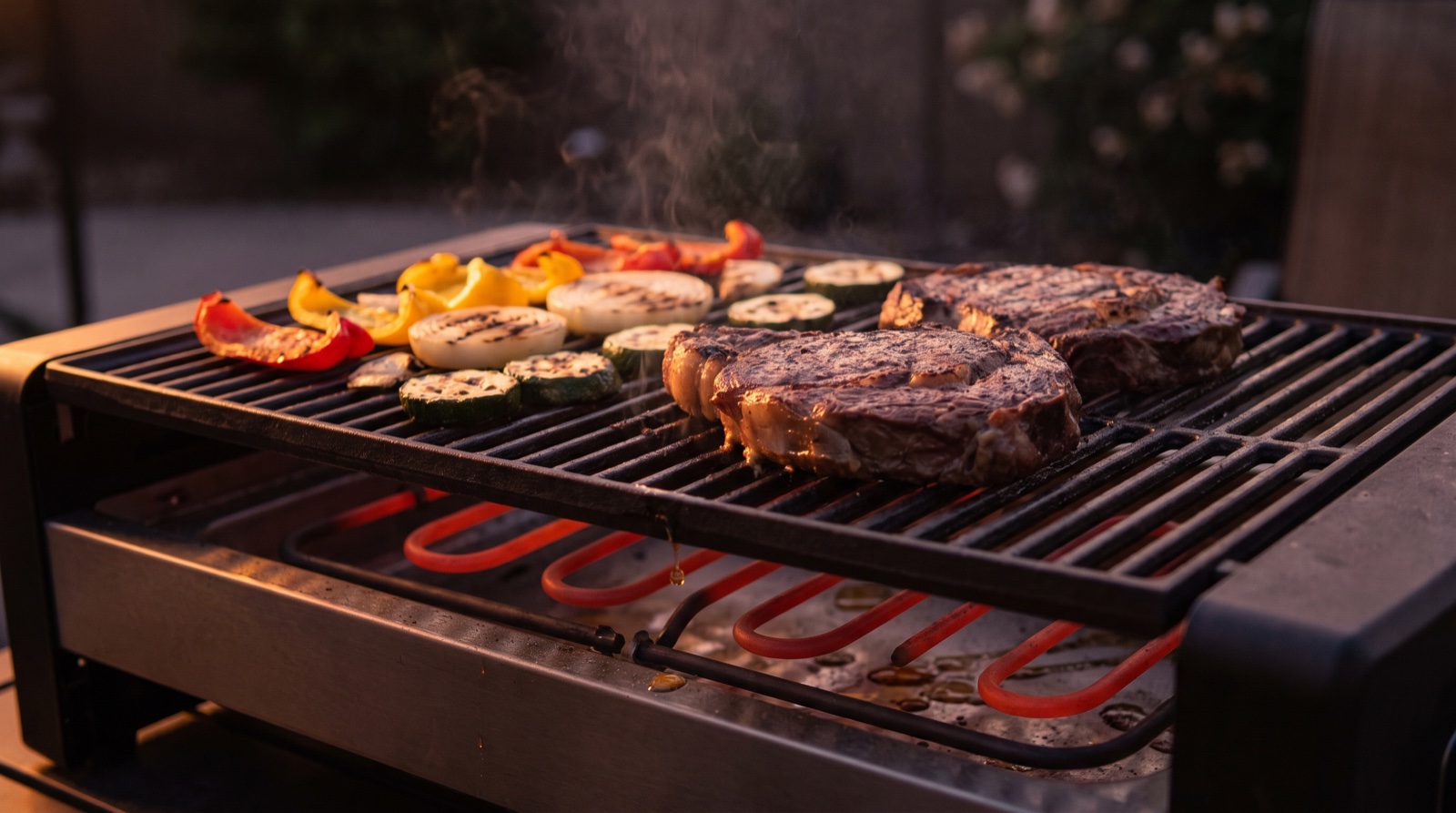 Primer plano de la parrilla de una barbacoa eléctrica con carne y verduras asándose sobre las barras de hierro fundido y la resistencia al rojo vivo debajo