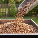 Pellets de madera cayendo desde un cazo en la tolva de una barbacoa de pellets