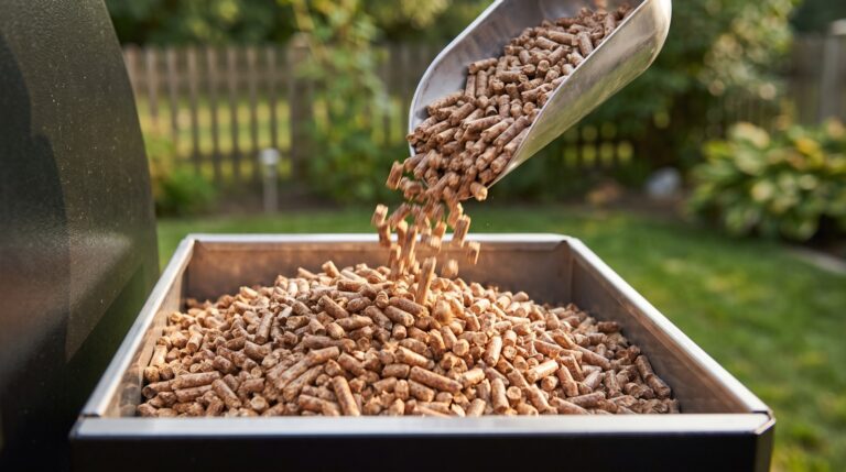 Pellets de madera cayendo desde un cazo en la tolva de una barbacoa de pellets