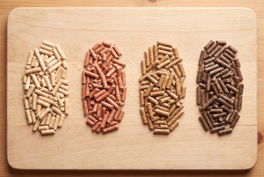 Pellets de madera de distintos tonos según el tipo de árbol, para elegir el sabor del humo
