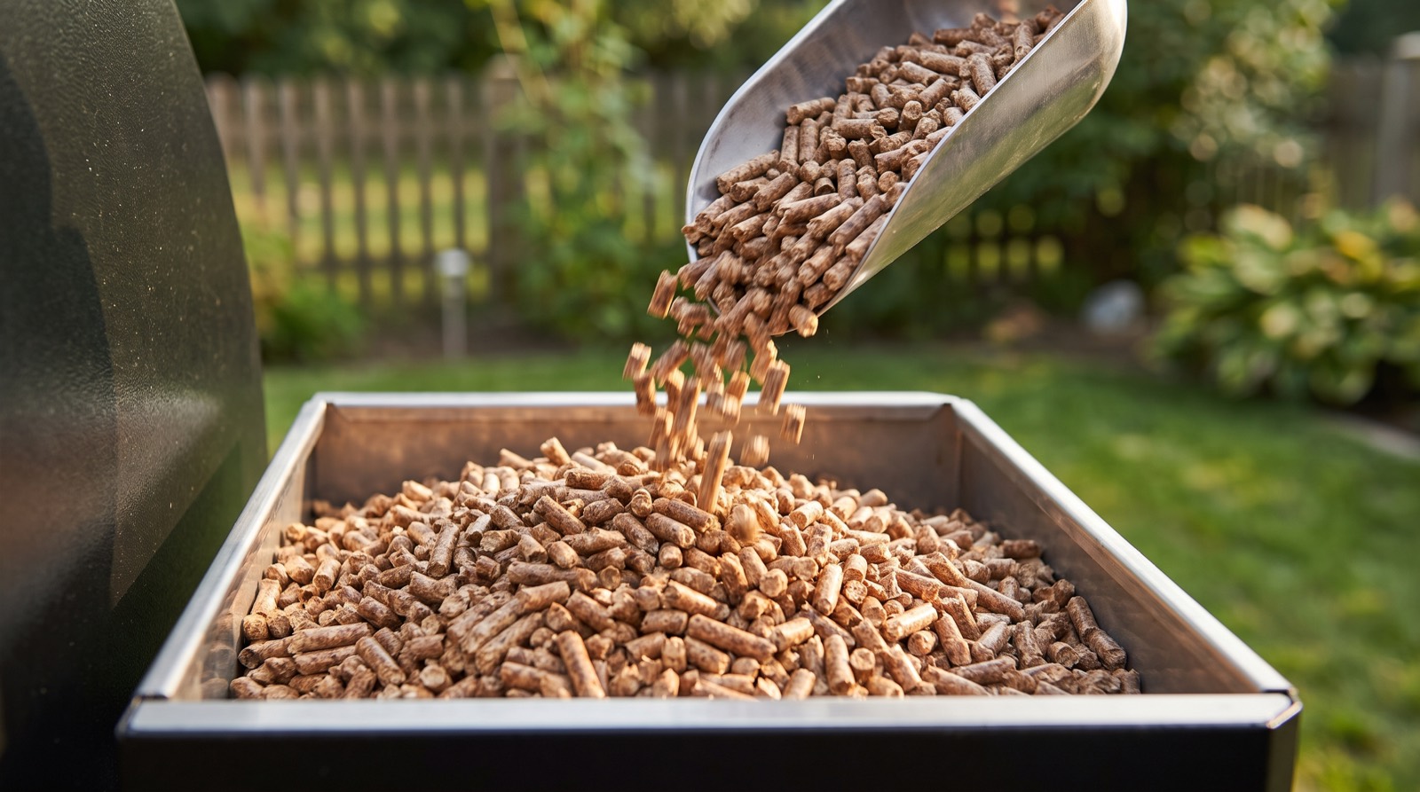 Pellets de madera cayendo desde un cazo en la tolva de una barbacoa de pellets