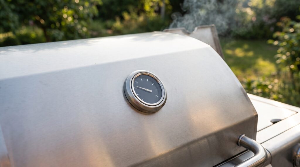 Termómetro de aguja en la tapa de una barbacoa marcando la temperatura
