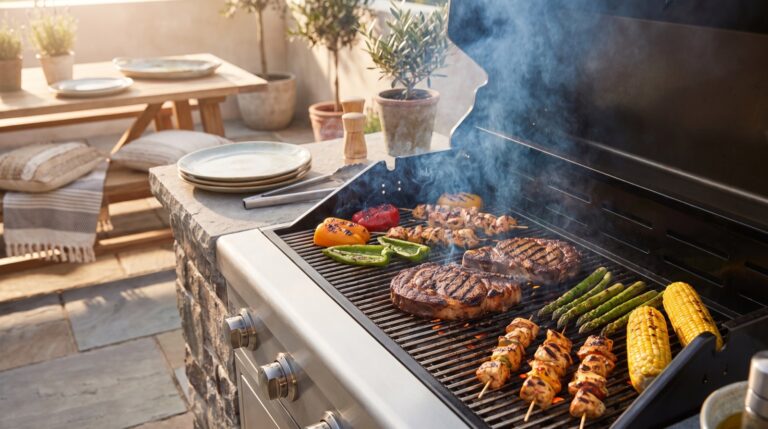 Parrilla de barbacoa con carne, pollo y verduras con marcas de asado