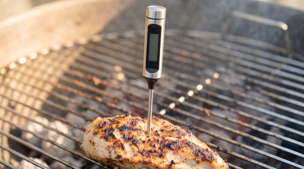 Termómetro digital clavado en una pechuga de pollo en la parrilla de la barbacoa
