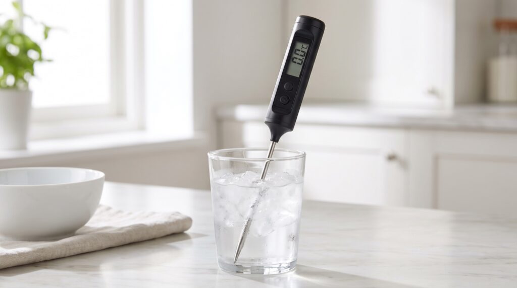 Baño de hielo para comprobar la precisión de un termómetro de cocina