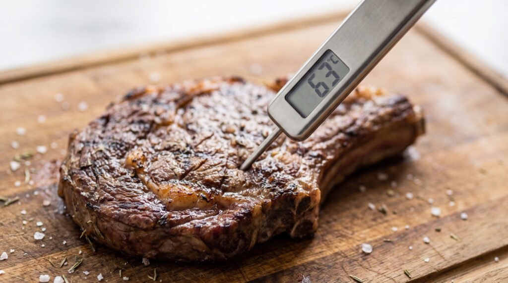 Termómetro digital marcando 63 grados en el centro de un chuletón