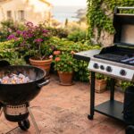 Barbacoa de carbón con brasas y barbacoa de gas con llama azul lado a lado en un jardín al atardecer