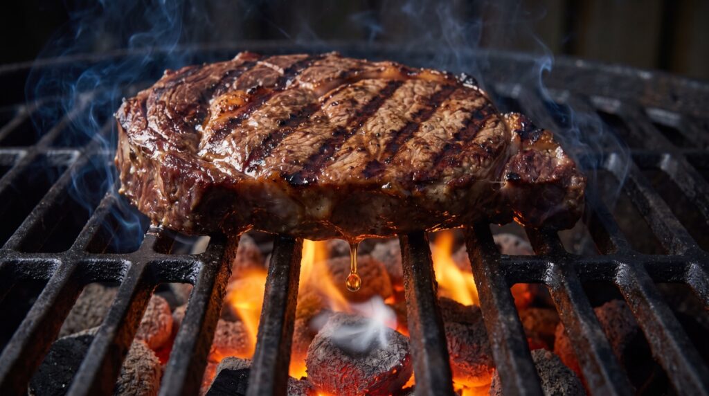 Gota de grasa cayendo de la carne sobre las brasas y vaporizándose en una barbacoa
