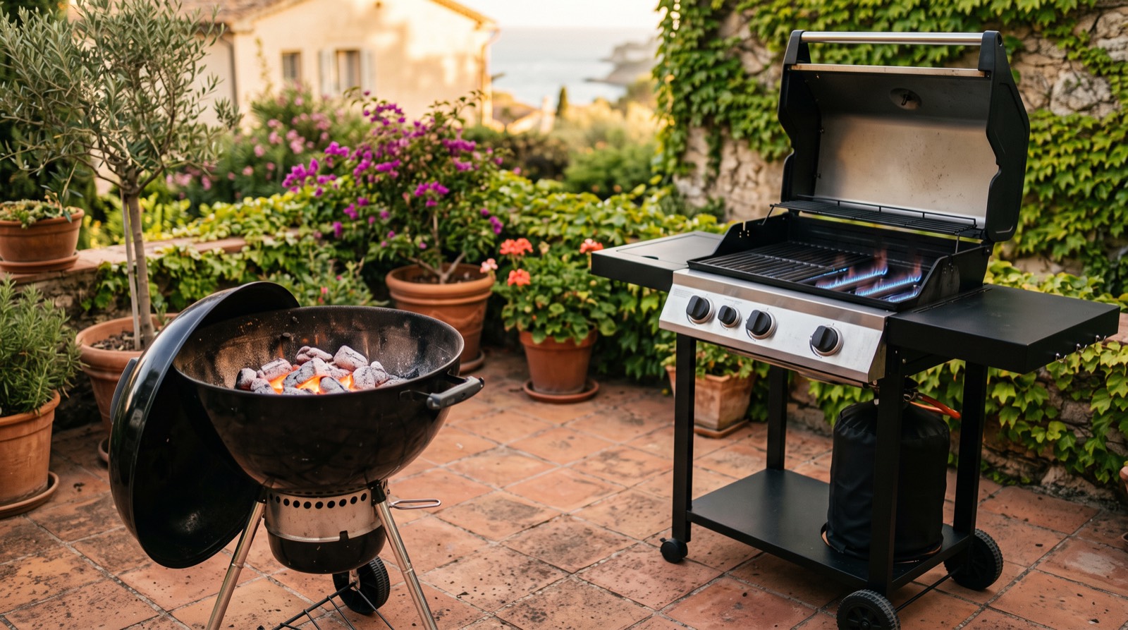 Barbacoa de carbón con brasas y barbacoa de gas con llama azul lado a lado en un jardín al atardecer
