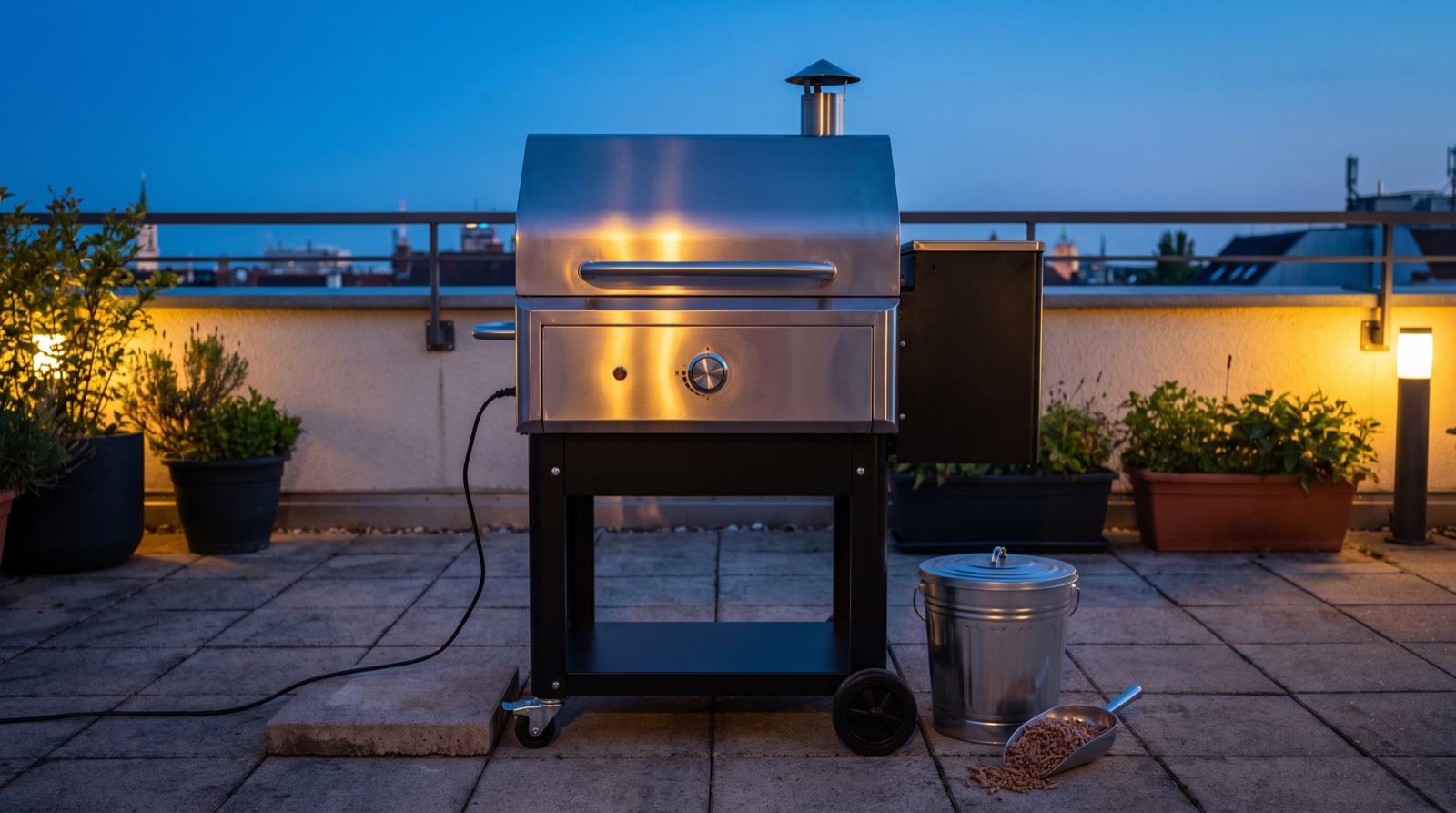 Barbacoa de pellets limpia en una terraza al anochecer con un cubo metálico de cenizas al lado