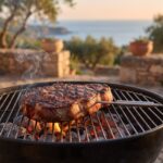 Chuletón en una barbacoa de carbón con un termómetro de sonda clavado