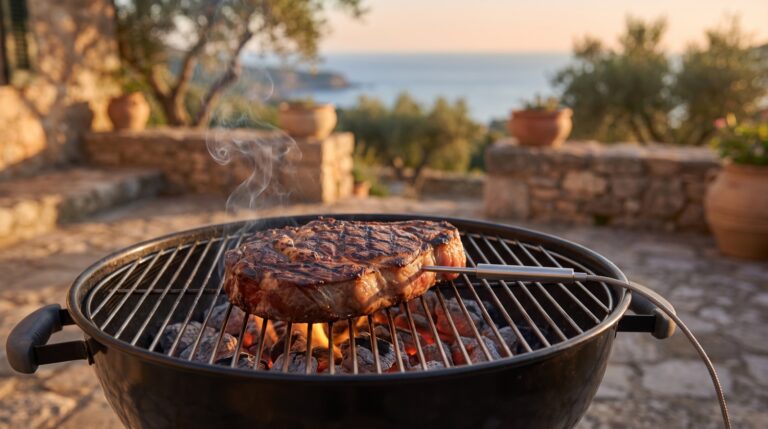 Chuletón en una barbacoa de carbón con un termómetro de sonda clavado